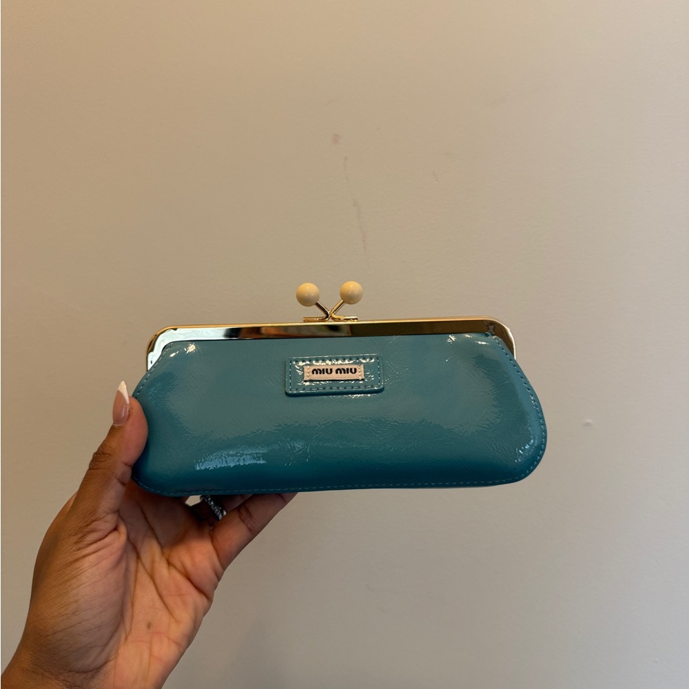 Miu Miu Teal Clutch with Gold Accents